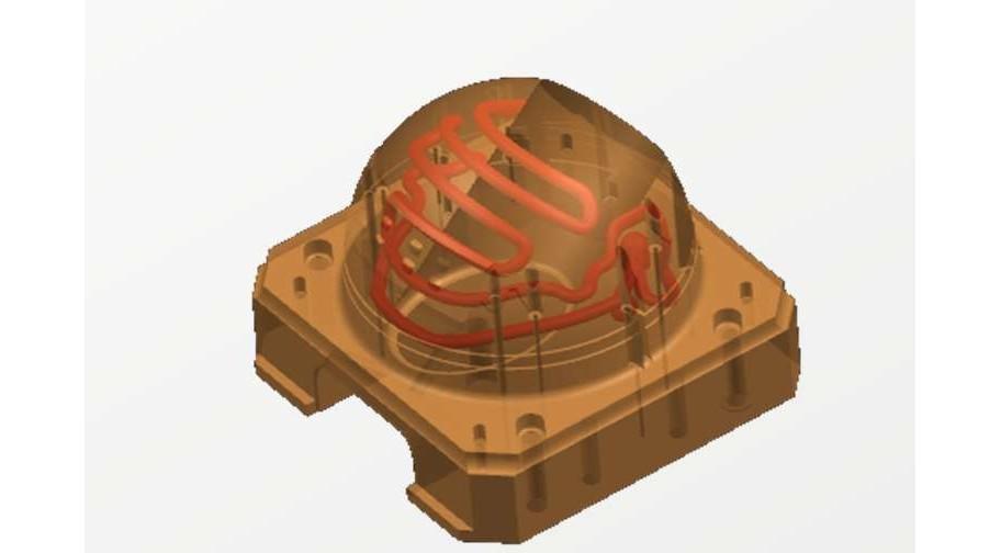 제품 형상을 따라 배치한 냉각 유로의 CAD 설계 예시